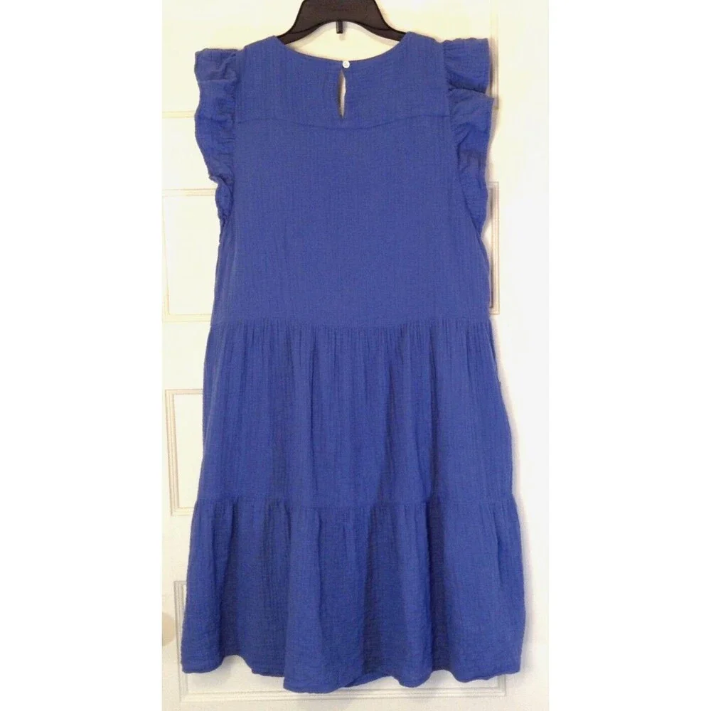 J.Crew Dress Wn L Blue Babydoll Tiered Ruffled Pockets Peasant Milkmaid Cottage - Picture 6 of 11